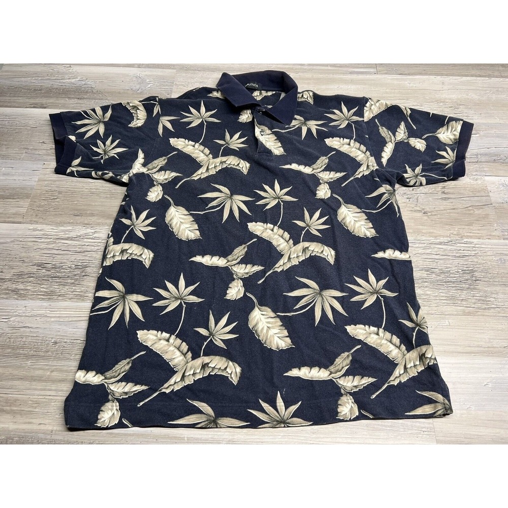 Nautica Mens Polo Shirt Navy Tropical Leaf Print Short Sleeve Size XL Resort